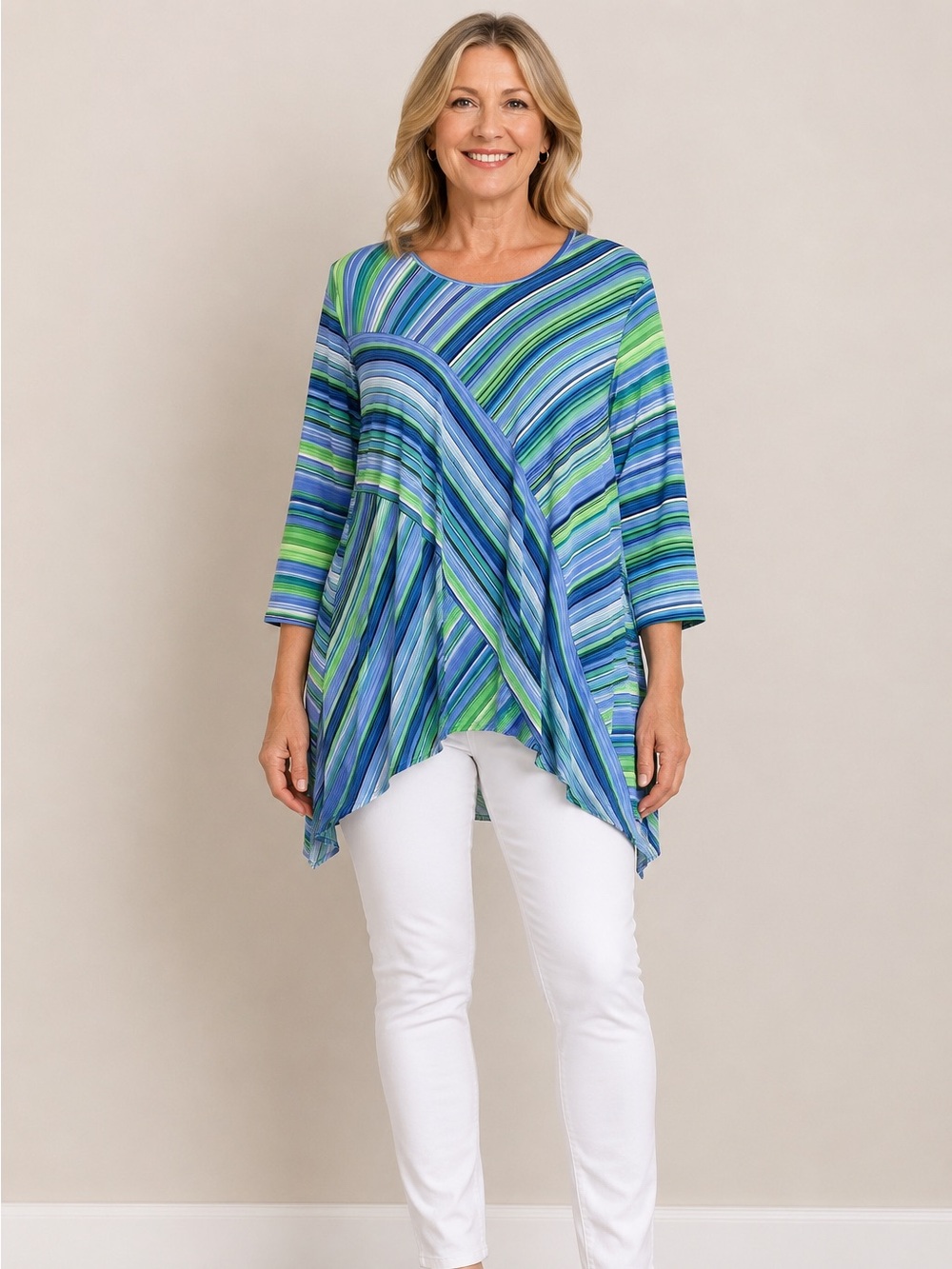 Southern Lady Women's Sz L Multicolor Stripes Asym Tunic Top Hi-Low Blouse Shirt